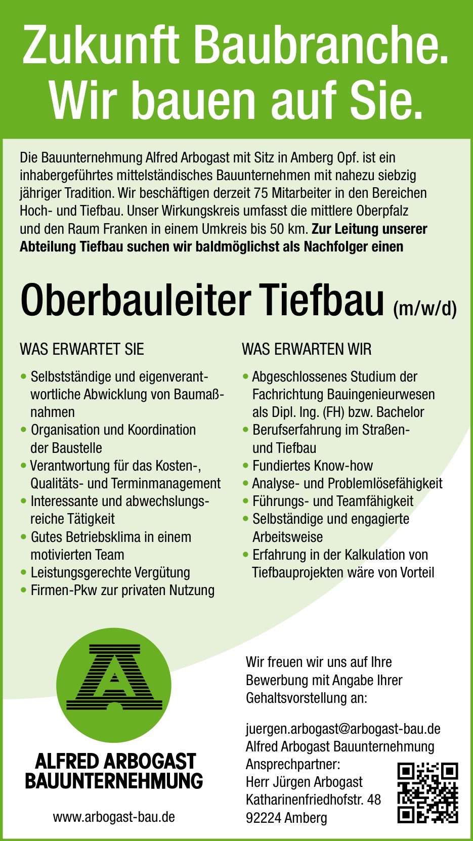 Stellenangebot Oberbauleiter/Leitung Tiefbau